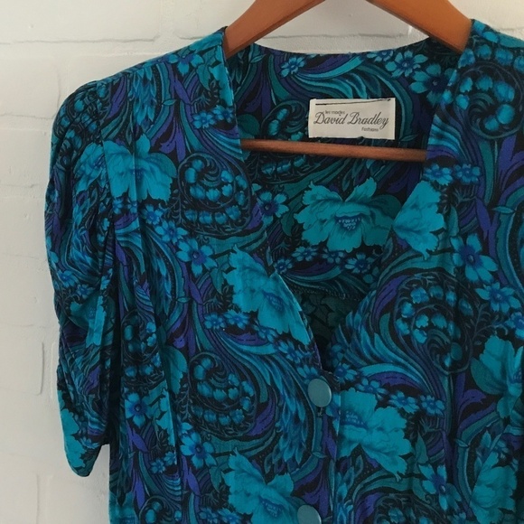 Vintage Mini Dress Sweetheart neck Cobalt Blue/turquoise Paisley Floral print M - Picture 2 of 8
